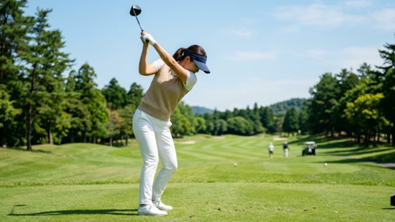 広いフェアウェイを前にドライバーを振りかぶる女性ゴルファー
