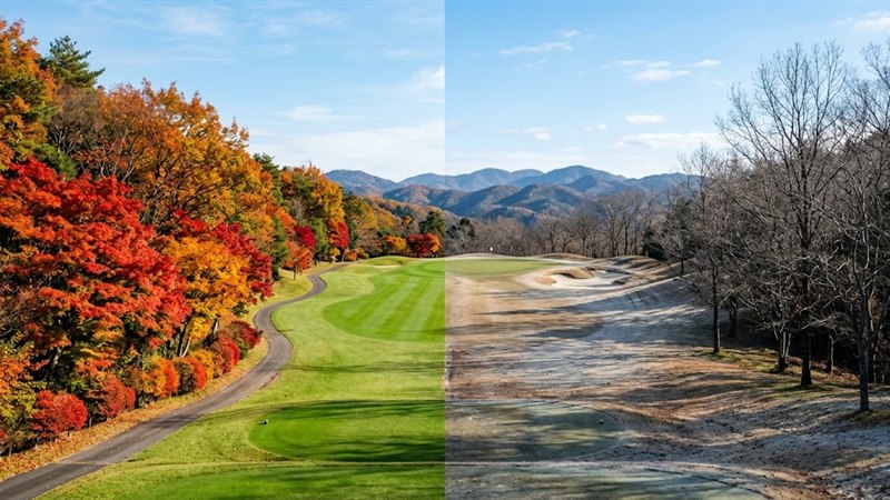 同じホールの秋（紅葉と緑の芝）と冬（霜と枯れ芝）を左右に並べた比較写真