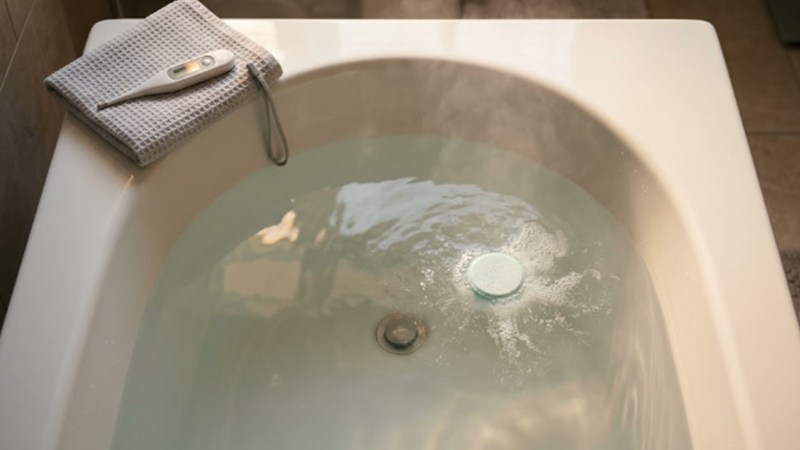 入浴剤が溶けている自宅の湯船とタオル