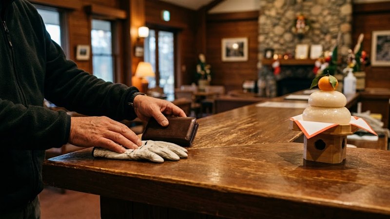 鏡餅が飾られたゴルフ場のフロントで、財布とグローブを置いて受付をする手元