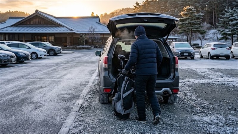 冬の朝のゴルフ場の駐車場で、車の荷室からキャディバッグを降ろすゴルファー