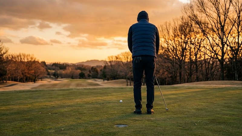 年の瀬の夕暮れ、最終ホールのグリーンでパットを打つゴルファーの後ろ姿