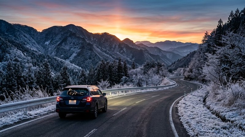冬の夜明け、霜の降りた山道をゴルフ場へ向かう車
